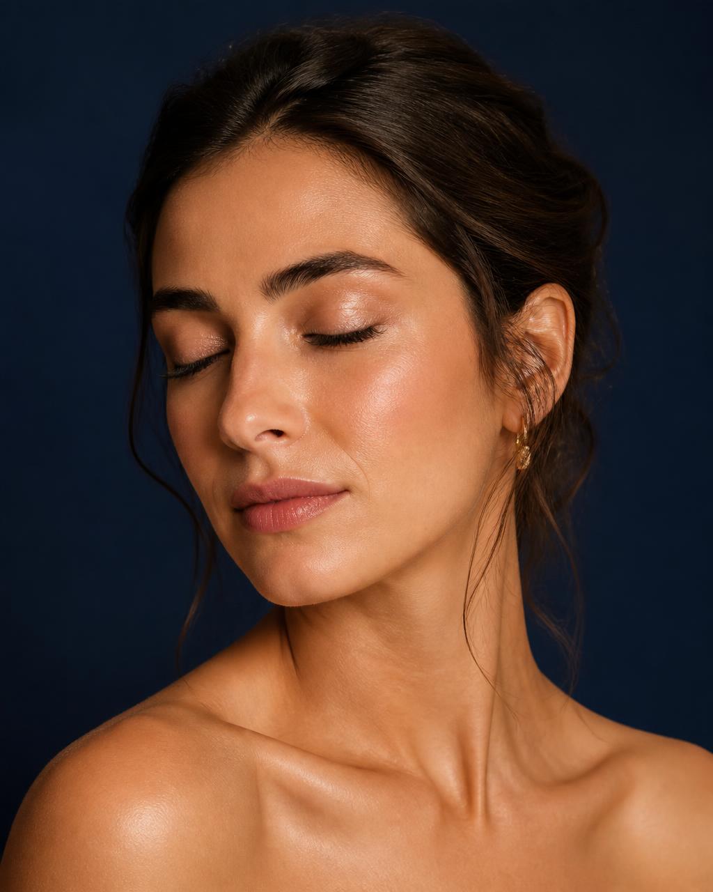 Perfil facial iluminado con luz cálida sobre fondo oscuro